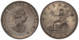 1/2 Penique. 1799. JORGE III. 13,25 grs. AE. (Hojita en reverso). Color original. BONITA PIEZA. KM-647; Spink-3778. SC-.