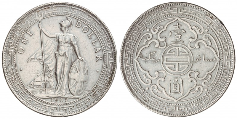 Dólar de Comercio. 1902-B. BOMBAY. 26,95 grs. AR. (Pequeños golpecitos). KM-T5. ...