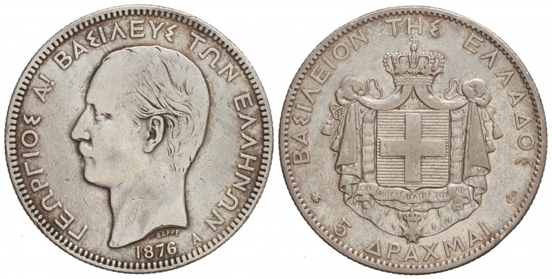 5 Dracmas. 1876-A. JORGE I. PARÍS. 24,92 grs. AR. (Leves rayitas y golpecitos). ...