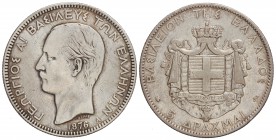 5 Dracmas. 1876-A. JORGE I. PARÍS. 24,92 grs. AR. (Leves rayitas y golpecitos). KM-46. MBC.