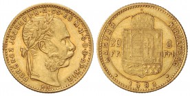 20 Francos - 8 Forint . 1883-KB . FRANCISCO JOSÉ I . KREMNITZ . 6,44 grs. AU. (Dos golpecitos en canto). Fr-243; KM-467. MBC+ .