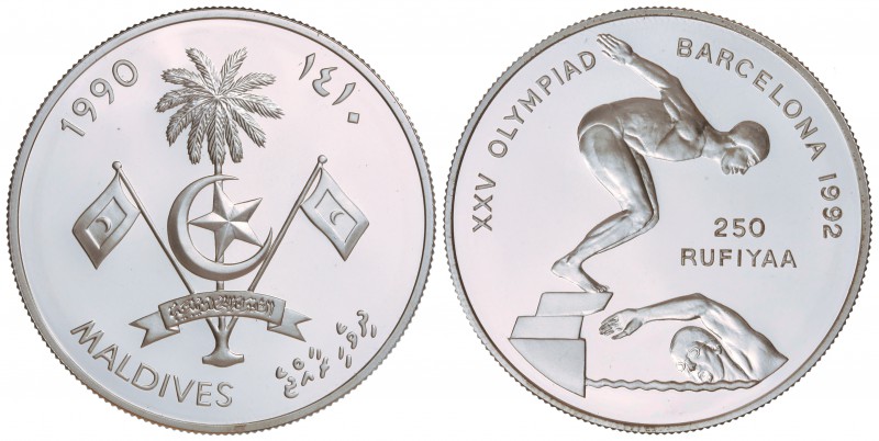 250 Rufiyaa. 1990. 31,50 grs. AR. Olimpiada Barcelona ´92: natación. KM-80. PROO...