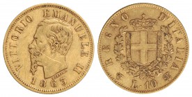 10 Liras . 1863-T BN . VÍCTOR MANUEL II . TURÍN . 3,22 grs. AU. (Leve rayita en anverso). KM-9.3. MBC .