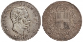 5 Liras. 1876-R. VÍCTOR MANUEL II. 24,88 grs. AR. Ligera pátina. KM-8.4. EBC-.