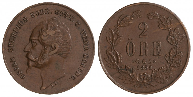 2 Ore. 1858. OSCAR I. 5,50 grs. Br. KM-688. MBC+/EBC-.