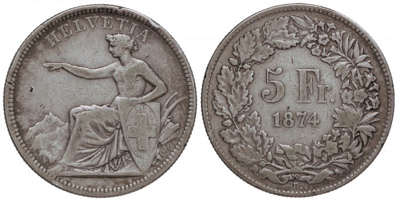 5 Francos. 1874-B. BERNA. 24,70 grs. AR. Helvetía,. KM-11. MBC-.