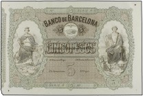 Facsímil 5 Pesos Fuertes. (1894). BANCO DE BARCELONA. (Doblez central superior, dos perforaciones y dos leves partes mal cortadas, en el margen superi...