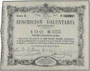 Ssuscrición Voluntaria 100 Reales de Vellón. 30 Mayo 1870. CARLOS VII PRETENDIENTE. LA TOUR DE PEILZ. (Dos pliegues). Ed-196. EBC-.