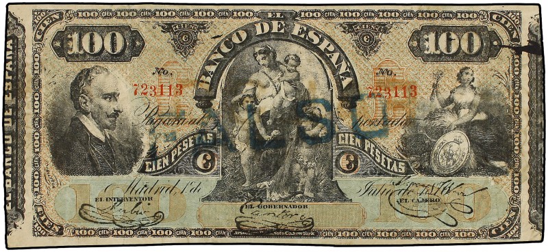 100 Pesetas. 1 Julio 1876. Lope de Vega. FALSO de ÉPOCA. Tampón FALSO en anverso...