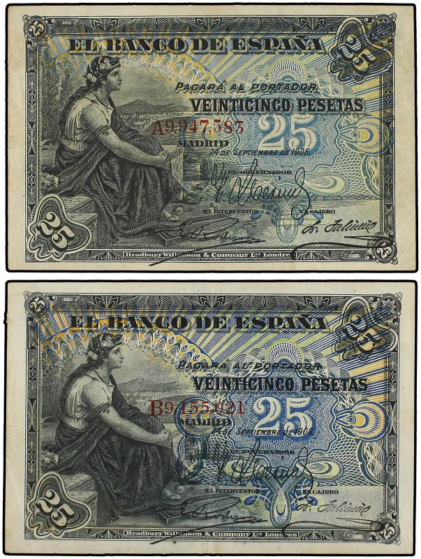 Lote 2 billetes 25 Pesetas. 24 Septiembre 1906. Series A y B. A EXAMINAR. Ed-315...