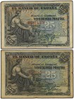 Lote 2 billetes 25 Pesetas. 24 Septiembre 1906. Serie B. Ed-314a. BC+ a MBC.
