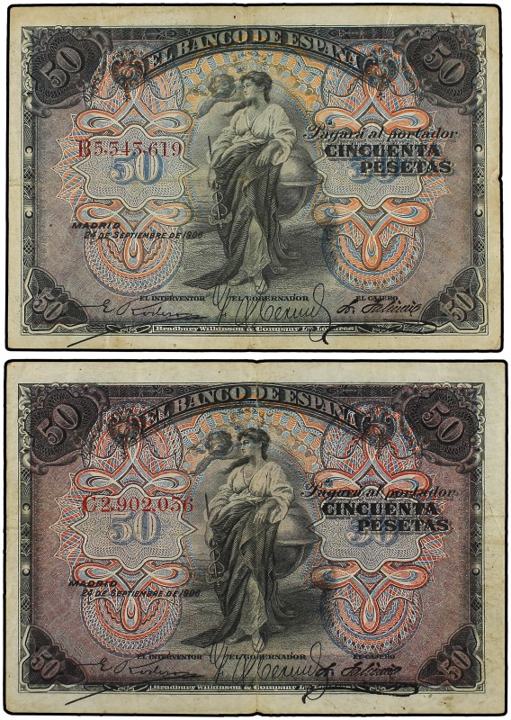 Lote 2 billetes 50 Pesetas. 24 Septiembre 1906. Series B y C. (Leves roturas y a...