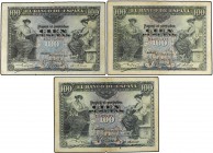 Lote 3 billetes 100 Pesetas. 30 Junio 1906. Series A, B y C. A EXAMINAR. Ed-313a. MBC-.
