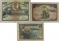 Lote 3 billetes 25, 50 y 100 Pesetas. 24 Septiembre 1906 y 15 Julio 1907. (Leves roturas). A EXAMINAR. Ed-314a, 315, 320. MBC-.