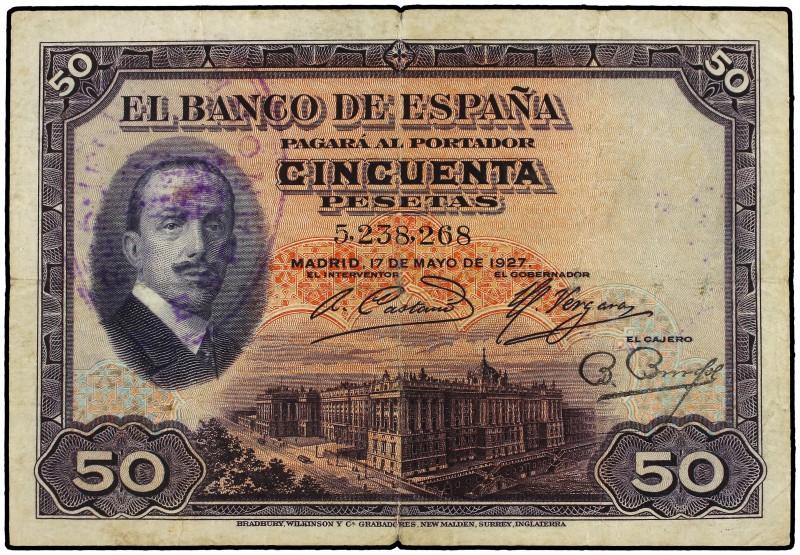 50 Pesetas. 17 Mayo 1927. Alfonso XIII. Sello tampón REPÚBLICA ESPAÑOLA. (Pequeñ...