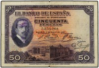 50 Pesetas. 17 Mayo 1927. Alfonso XIII. Sello tampón REPÚBLICA ESPAÑOLA. (Pequeñas roturas). Ed-332. MBC.