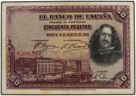 50 Pesetas. 15 Agosto 1928. Velázquez Sin Serie. Sello en seco ESTADO ESPAÑOL - BURGOS. (Manchitas del tiempo). Ed-407. (MBC).
