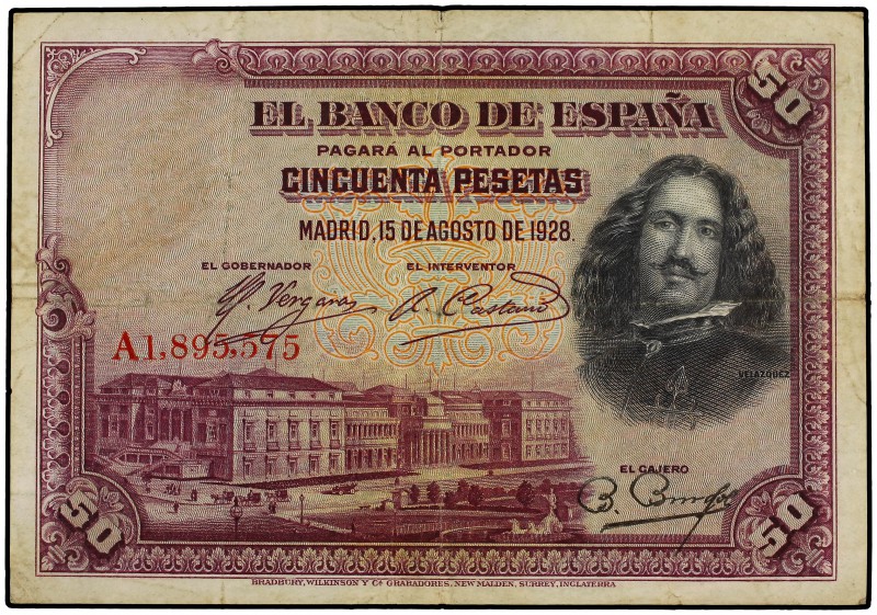 50 Pesetas. 15 Agosto 1928. Velázquez. Serie A. Sello en seco ESTADO ESPAÑOL - B...