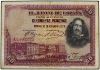 50 Pesetas. 15 Agosto 1928. Velázquez. Serie A. Sello en seco ESTADO ESPAÑOL - BURGOS. (Manchitas). Ed-407. MBC-.