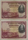 Lote 2 billetes 50 Pesetas. 15 Agosto 1928. Velázquez. Serie A. Sello en seco ESTADO ESPAÑOL - BURGOS. Ed-407. MBC-.