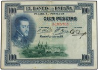 100 Pesetas. 1 Julio 1925. Felipe II. Sin Serie. (Arruguitas. Leves manchitas). Ed-344. EBC-.