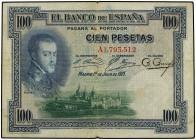 100 Pesetas. 1 Julio 1925. Felipe II. Serie A. Sello en seco ESTADO ESPAÑOL - BURGOS. (Manchitas). Ed-410. MBC-.