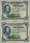Lote 2 billetes 100 Pesetas. 1 Julio 1925. Felipe II. Serie B. Sello en seco ESTADO ESPAÑOL - BURGOS. (Manchitas). Ed-410. MBC-.