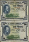 Lote 2 billetes 100 Pesetas. 1 Julio 1925. Felipe II. Serie C. Sello en seco ESTADO ESPAÑOL - BURGOS. (Manchitas). Ed-410. MBC-.