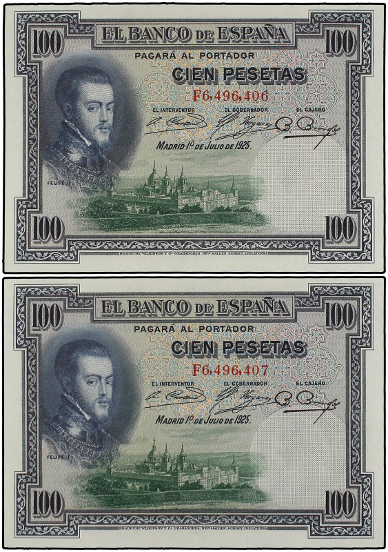 Lote 2 billetes 100 Pesetas. 1 Julio 1925. Felipe II. Serie F. Pareja correlativ...