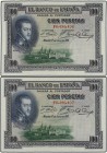 Lote 2 billetes 100 Pesetas. 1 Julio 1925. Felipe II. Serie F. Pareja correlativa. Ed-350. SC.