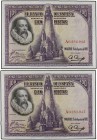 Lote 2 billetes 100 Pesetas. 15 Agosto 1928. Cervantes. Serie A. Pareja correlativa. Ed-355a. SC.