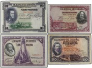Lote 4 billetes 50 (2) y 100 Pesetas (2). 1925, 1927 y 1928. 50 Pesetas 1927 Alfonso XIII sello tampón MBC-, 50 Pesetas 1928 Velázquez Serie D EBC+, 1...
