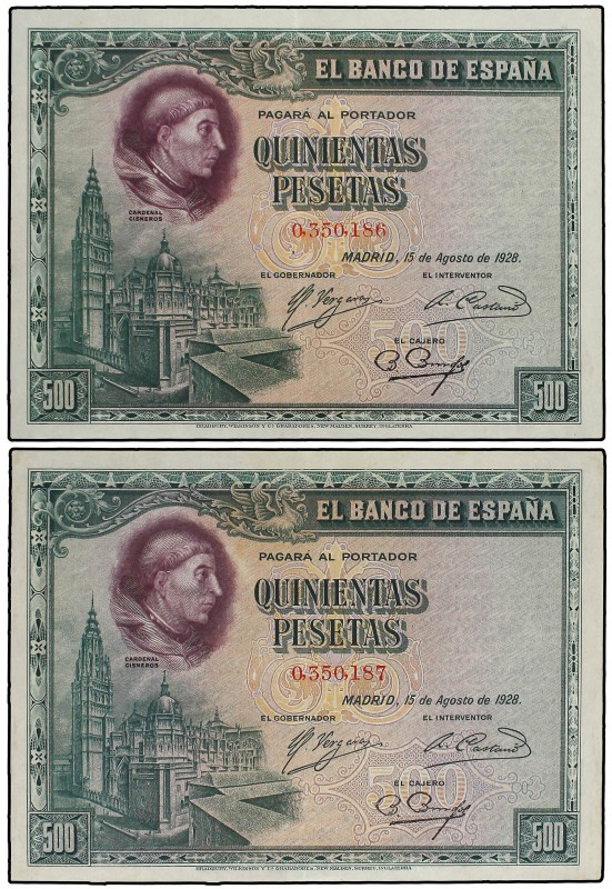 Lote 2 billetes 500 Peseas. 15 Agosto 1928. Cardenal Cisneros. Pareja correlativ...