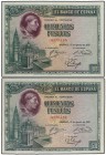 Lote 2 billetes 500 Peseas. 15 Agosto 1928. Cardenal Cisneros. Pareja correlativa. Ed-356. EBC.