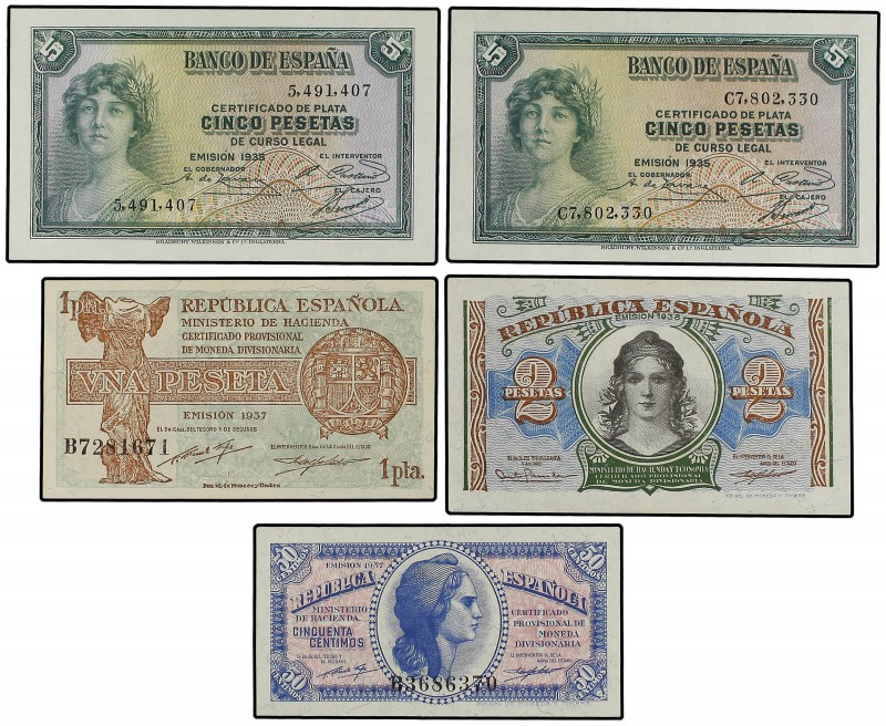 Lote 5 billetes 50 Céntimos, 1, 2 y 5 Pesetas (2). 1935 a 1938. 50 céntimos 1937...