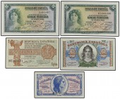 Lote 5 billetes 50 Céntimos, 1, 2 y 5 Pesetas (2). 1935 a 1938. 50 céntimos 1937 Serie B, 1 Peseta 1937 Serie B, 2 Pesetas 1938 Serie A y 5 Pesetas 19...