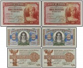Lote 6 billetes 1 (2), 2 (2) y 10 Pesetas (2). 1935, 1937 y 1938. 1 Peseta 1937 (2), serie B y pareja correlativa; 2 Pesetas 1938 (2), serie A y parej...