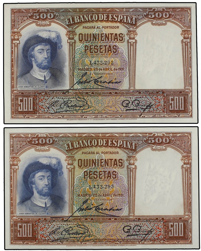 Lote 2 billetes 500 Pesetas. 25 Abril 1931. Elcano. Pareja correlativa. Ed-361. ...