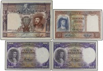 Lote 4 billetes 100 (2), 500 y 1.000 Pesetas. 1925 y 1931. 100 Pesetas 1931 (2), Fernández de Córdoba, pareja correlativa; 500 Pesetas 1931, Elcano; 1...
