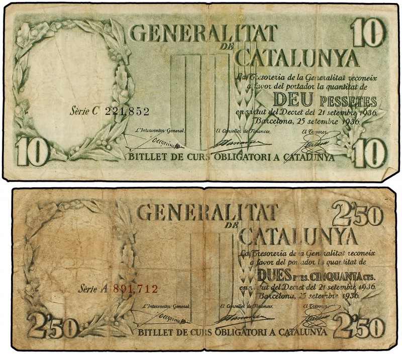 Lote 2 billetes 2,50 y 10 Pessetes. 25 Setembre 1936. GENERALITAT DE CATALUNYA. ...