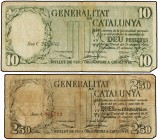 Lote 2 billetes 2,50 y 10 Pessetes. 25 Setembre 1936. GENERALITAT DE CATALUNYA. 2,50 Pessetes Serie roja. Ed-732a, 374. MBC- y MBC.