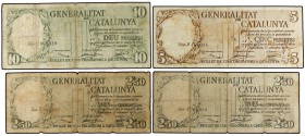Serie 4 billetes 2,5 (2 negro y rojo), 5 y 10 Pessetes. 21 Septiembre 1936. GENERALITAT DE CATALUNYA. (Los de 2,50 Pessetes con leves manchitas y rotu...