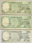 Lote 3 billetes 2,50 y 10 Pessetes (2). 25 Setembre 1936. GENERALITAT DE CATALUNYA. El de 2,50 Pesetas numeración en negro. Ed-372, 374. BC+ a MBC-.