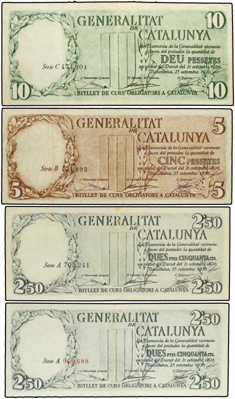 Lote 4 billetes 2,50 (2). 5 y 10 Pessetes. 25 Setembre 1936. GENERALITAT DE CATA...