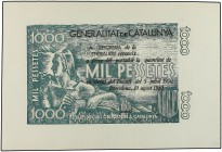 1.000 Pessetes. (1936). GENERALITAT DE CATALUNYA. Lote de 2 PRUEBAS de ANVERSO y REVERSO en colores verde y castaño. SC.