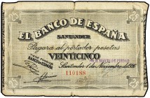 25 Pesetas. 1 Noviembre 1936. EL BANCO DE ESPAÑA. SANTANDER. Antefirma Monte de Piedad. (Roturas). Ed-377h. MBC-.