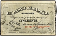 50 Pesetas. 1 Noviembre 1936. EL BANCO DE ESPAÑA. SANTANDER. Antefirma Banco de Bilbao. (Leves roturas en margen y pequeñas manchitas). Ed-378a. (MBC+...