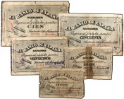 Lote 5 billetes 5, 10, 25, 50 y 100 Pesetas. 1 Noviembre 1936. EL BANCO DE ESPAÑA. SANTANDER. Antefirmas: Banco de Bilbao, Monte de Piedad y Banco Mer...
