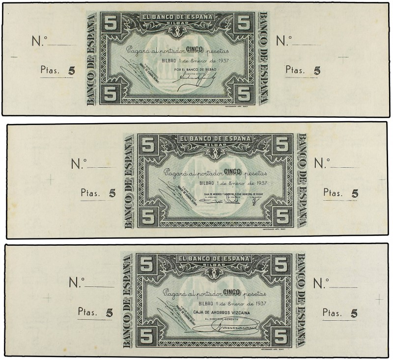 Lote 9 billetes 5 Pesetas. 1 Enero 1937. EL BANCO DE ESPAÑA. BILBAO. Colección 5...