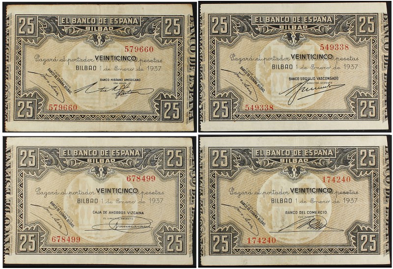 Lote 4 billetes 25 Pesetas. 1 Enero 1937. EL BANCO DE ESPAÑA. BILBAO. Serie comp...